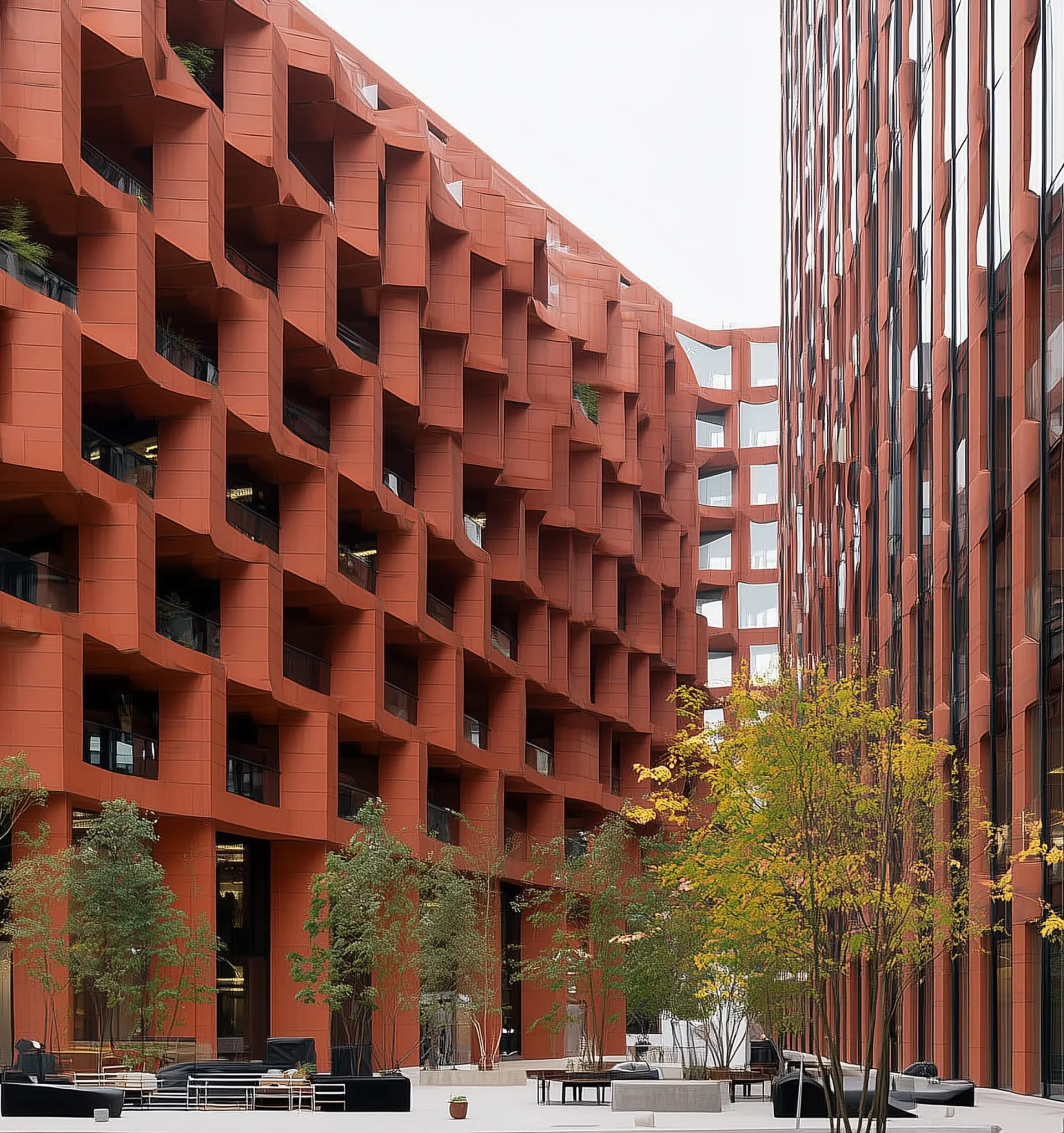 Modern terracotta business center with geometric facade